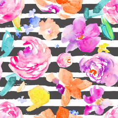 Wild, Colorful Watercolor Flower Pattern. Seamless Background Floral Wallpaper