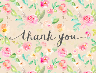 Cute Thank You Card with Flowers and Calligraphy Background
