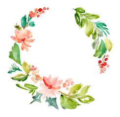 Watercolor Christmas Background with Painted Holly Berries and Leaves