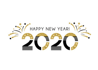 Vector 2020 Happy New Year sign with golden glitter texture. Illustration phrases with fireworks and Christmas stars