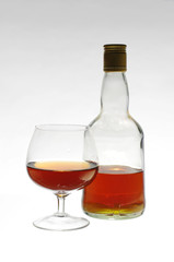 Glass of whiskey and a bottle.