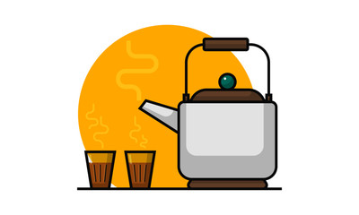 Vector illustration of Tea Pot and Tea Glasses. Indian Chai Kettle and Chai glasses. Cutting Chai Concept