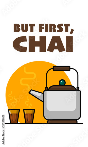 Vector Illustration Of Tea Pot And Tea Glasses Indian Chai