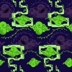 Chinese cloud design with trump trick style with alien green blue tone seamless pattern vector background 