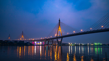 Landscape of Bhumibol bridge in the night at Bangkok Thailand