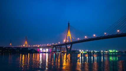 Fototapeta premium Landscape of Bhumibol bridge in the night at Bangkok Thailand