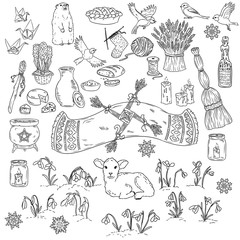Set of spring doodles. Beginning of spring symbols. Imbolc wiccan holiday sketch doodles. Brigids cross, groundhog, snowdrops, cleaning, sheaf of wheat, lamb, candles