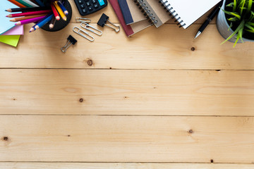 Top View Work space, office desk with office supplies with copy space