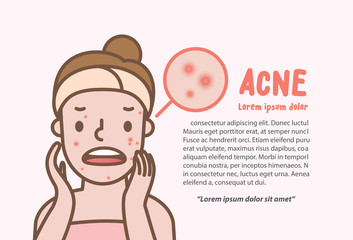 Acne woman cartoon action half body layout banner illustration vector on pink background. Beauty concept.