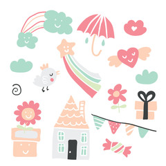 Cute childrens drawings of kids, animals, nature