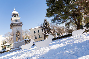 clock in Ioannina city in winter season snow ice Greece