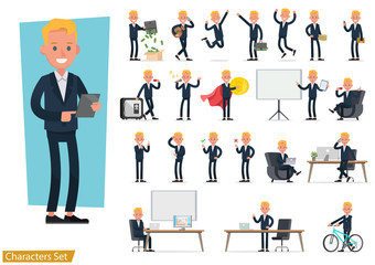 Set of business people wearing blue suit and working character vector design. Presentation in various action with emotions, running, standing and walking.