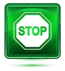 Stop sign icon neon light green square button
