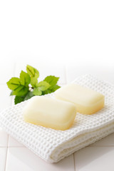 石鹸　Soap on white tile