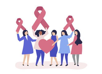 People holding pink ribbons in support of breast cancer awareness - obrazy, fototapety, plakaty