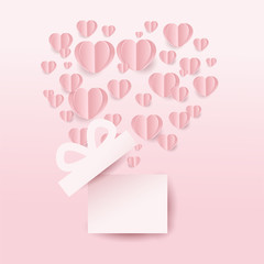Valentine’s gift box and hearts flying, heart shape on pink background. paper cut style. Vector illustration
