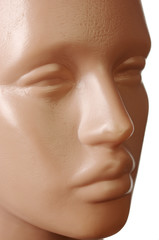 Male plastic mannequin. Face. Close-up. On a white background