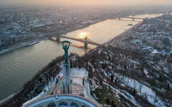 Liberty statue at sunrise, in Budapest, Hungary