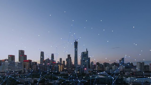 Timelapse. Beijing Landmark,Downtown Skyline at Sunrset with Network Connection Lines,China