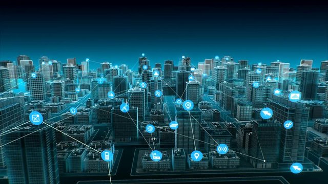 Various smart sensor icon on Smart city, connecting Internet of Things technology. blue x-ray aerial view. 4k animation.