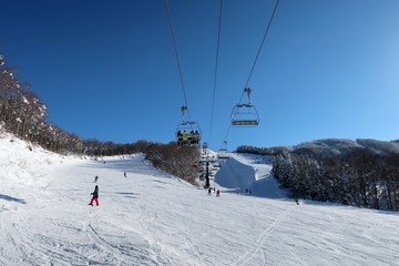 Fototapeta na wymiar 快晴のスキー場でスキーをする人たち