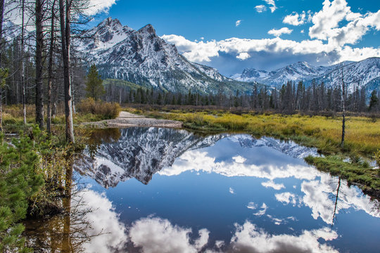 Reflection of McGown Peak in a wetlands area very near Stanley Lake in Idaho.