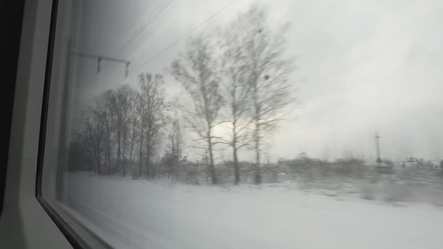 Winter view from train window. Belarus, Minsk - Gomel train
