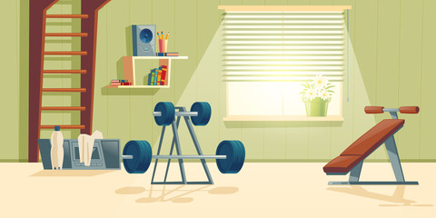 Vector cartoon background of home gym with window. Morning exercises with barbell, climbing frame and metal dumbbell. Sport interior with record player, bottle and towel. Athletic, healthy concept.