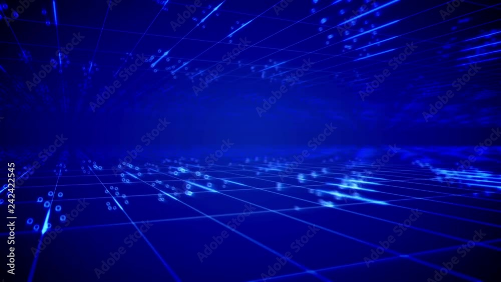 Poster sci-fi 3d rendering of time tube from two moving surfaces covered with square nets and soaring spots