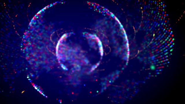 Cheerful 3d rendering of three spotted and shining spheres spinning inside of each other in the black background in seamless look. It looks like a disco club illumination.