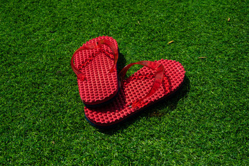 The one pair of plastic red flip-flops on the green grass.