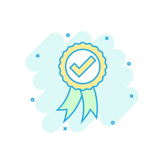 Approved certificate medal icon in comic style. Check mark stamp vector cartoon illustration pictogram. Accepted, award seal business concept splash effect.