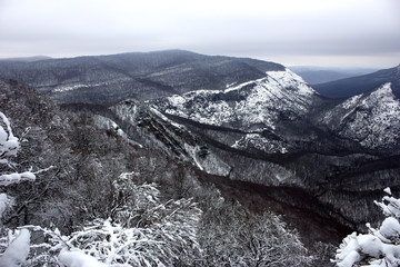 Majestic mountains in winter shrouded in snow. Snowy mountains in winter weather. Beautiful snowy winter in the mountains. 