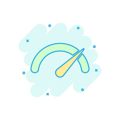 Meter dashboard icon in comic style. Credit score indicator level vector cartoon illustration pictogram. Gauges with measure scale business concept splash effect.