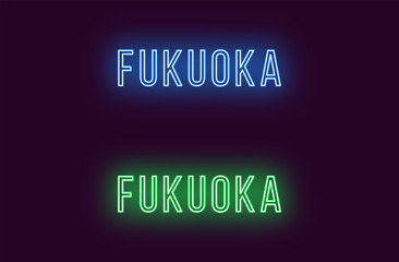 Neon name of Fukuoka city in Japan. Vector text