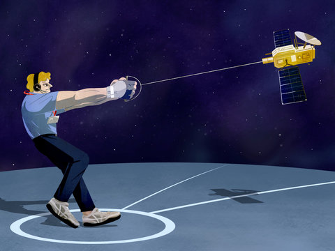 ハンマー投げのように人工衛星を打ち上げる人