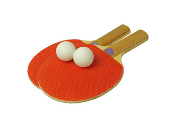 Ping-pong racket and balls on white background
