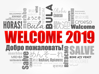 WELCOME 2019 word cloud in different languages, conceptual background