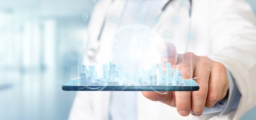 Doctor holding Smart city user interface with icon, stats and data 3d rendering