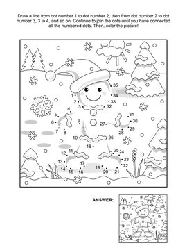New Year or Christmas themed connect the dots picture puzzle and coloring page with gingerbread man. Answer included.
