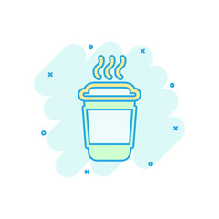Coffee, tea cup icon in comic style. Coffee mug vector cartoon illustration pictogram. Drink business concept splash effect.