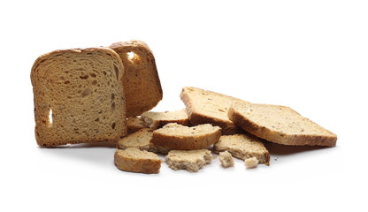 Integral toast slices with linseed and sunflower seeds isolated on white background