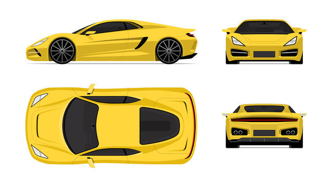 Sports Car Set In Flat Design Style. Front, Back, Side And Top View Of The Supercar Isolated On White Background