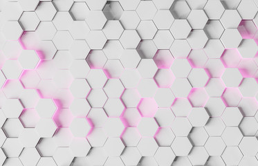 White and pink hexagons background pattern 3D rendering