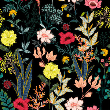 A garden in the night full of  blooming flower in many kind floral seasonal seamless pattern vector ,hand drawing style for fashion, fabric and all prints