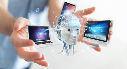Businessman using white humanoid controlling modern devices 3D rendering