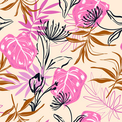 Fototapeta na wymiar Hand sketch and drawing tropical flowers and leaves seamless pattern in sweet mood vector for fashion fabric and all prints