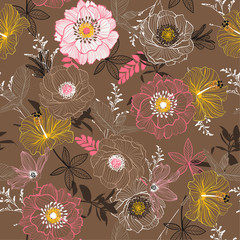 Fototapety  Retro Line Hand szkic kwitnący kwiat ogrodowy kontrast kolorowy wzór wektor dla tkaniny mody