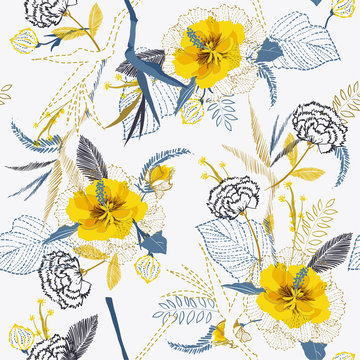 Trendy Bright Artistic Tropical Fresh Yellow Flower Pattern On Sketch Line Dash Seamless Pattern Vector
