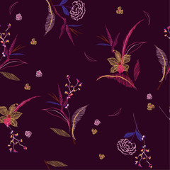 Obraz premium Beautiful Hand Sketch and drawing embroidery flowers and leaves ,seamless pattern vector for fashion prints,fabric and all prints